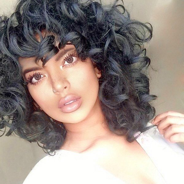 

Short Side Bang Fluffy Curly Wave Synthetic Wig, Jet black 01#