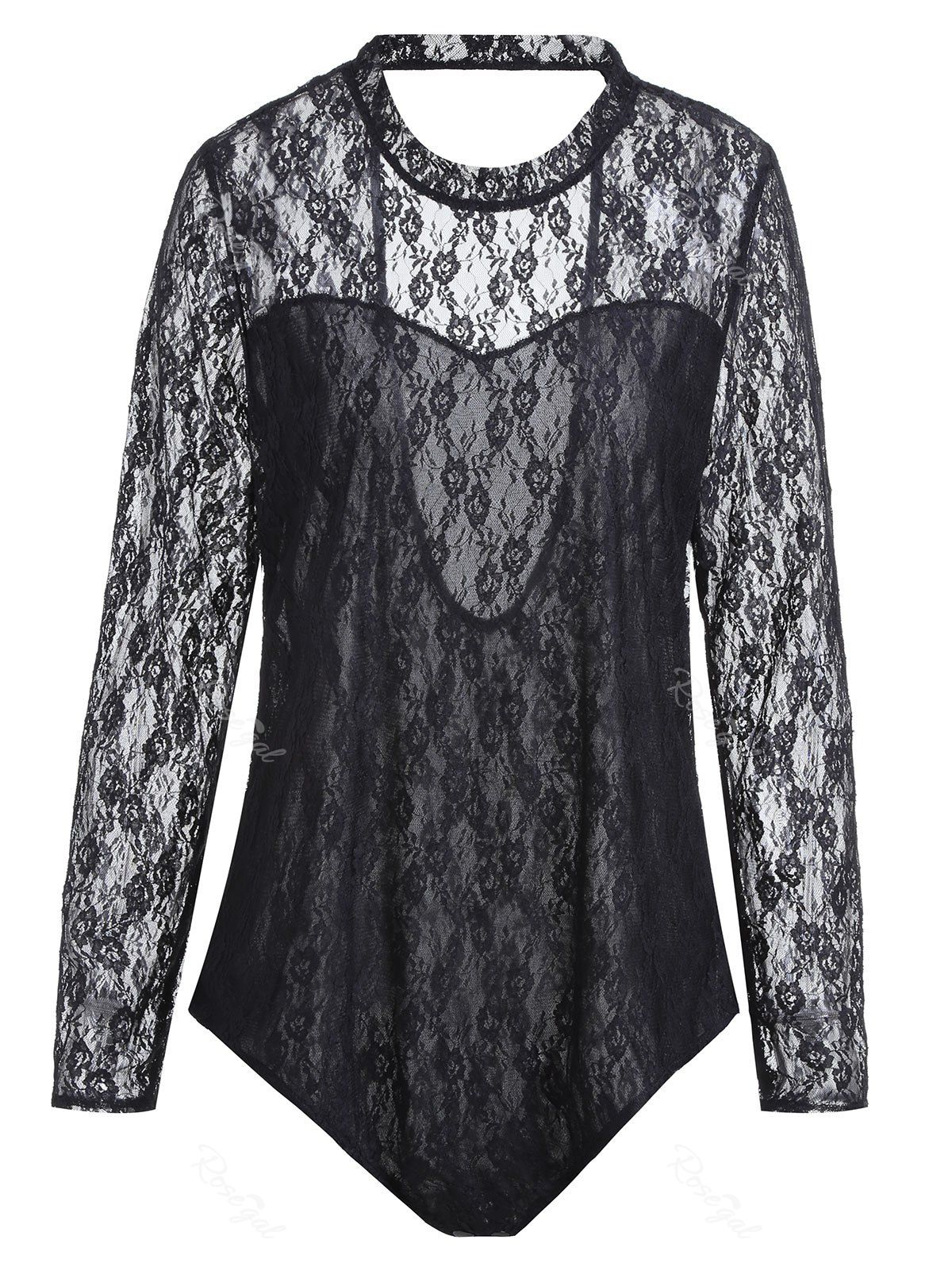 

Plus Size Open Back Floral Lace Bodysuit, Black