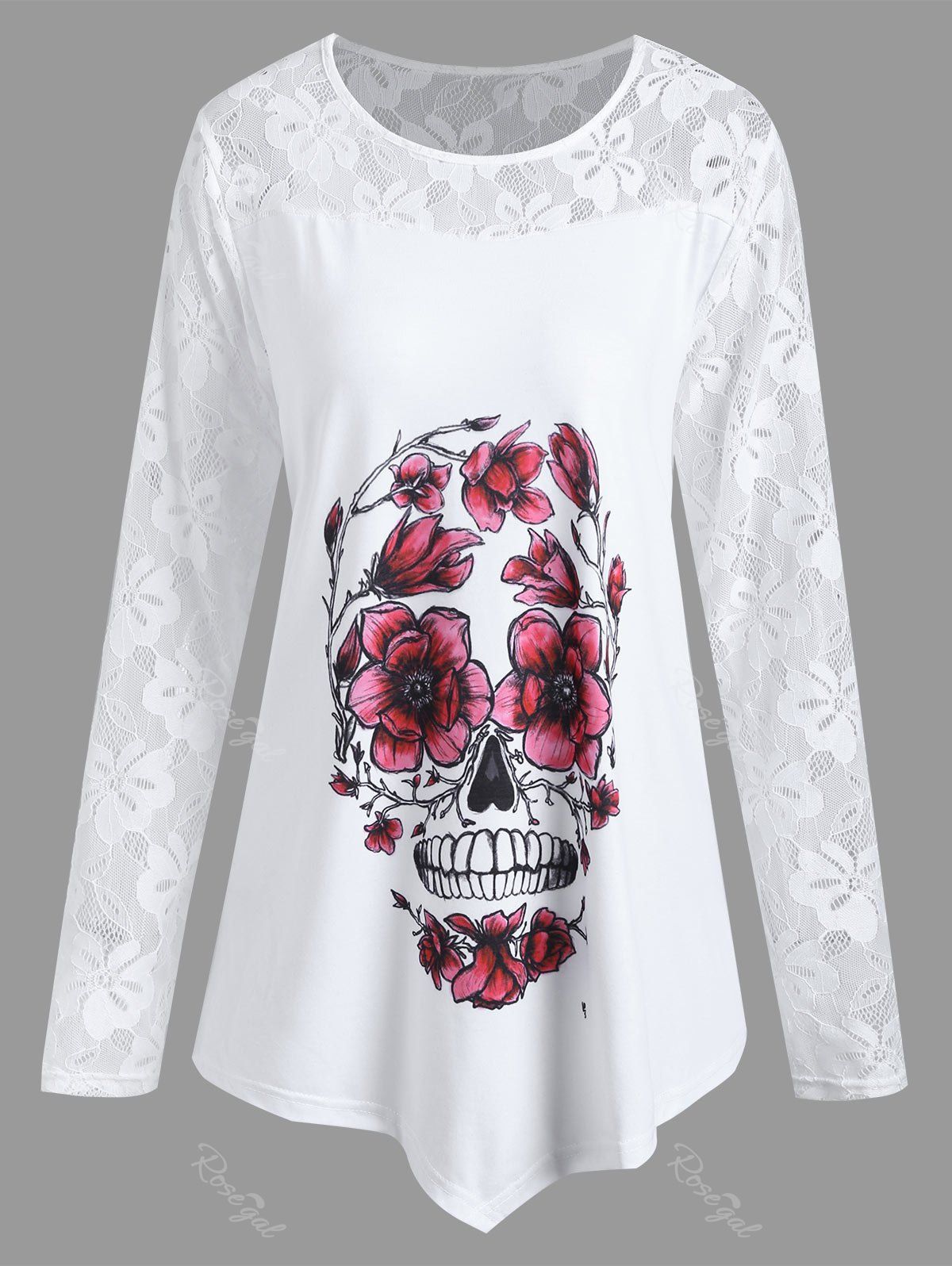 

Plus Size Asymmetrical Halloween Floral Skull Tee, White