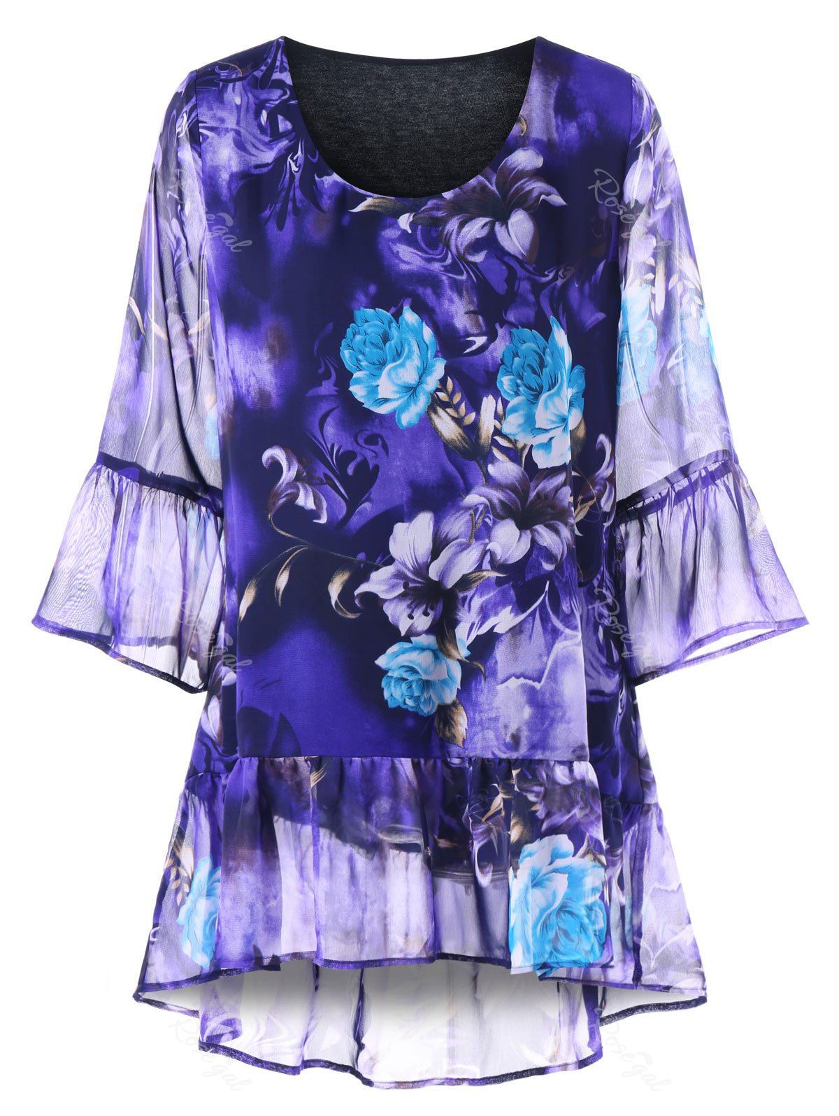 

Plus Size Flounced Floral Blouse, Blue violet