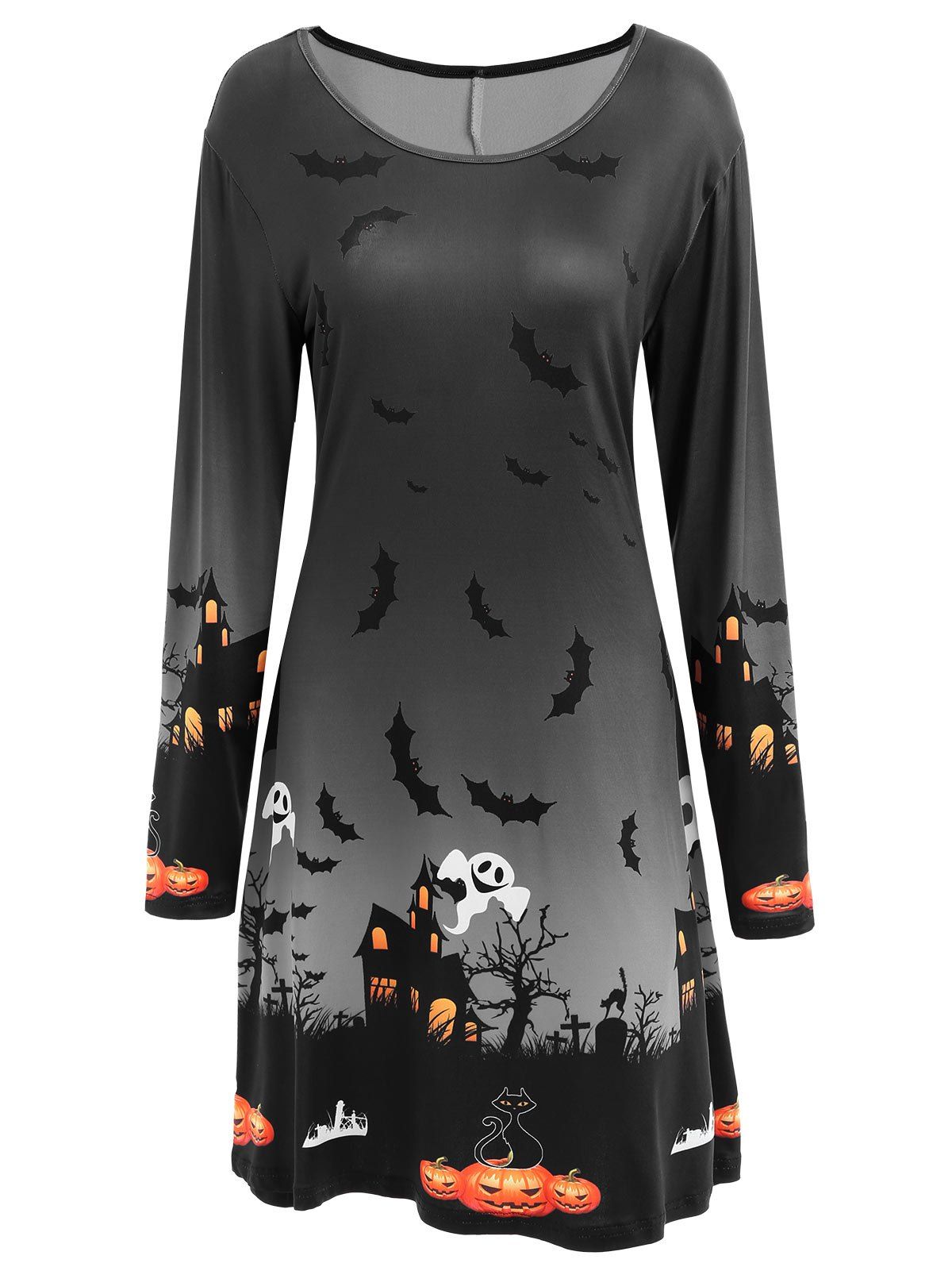 

Long Sleeve Bat Print Swing Halloween Skater Dress, Dark grey