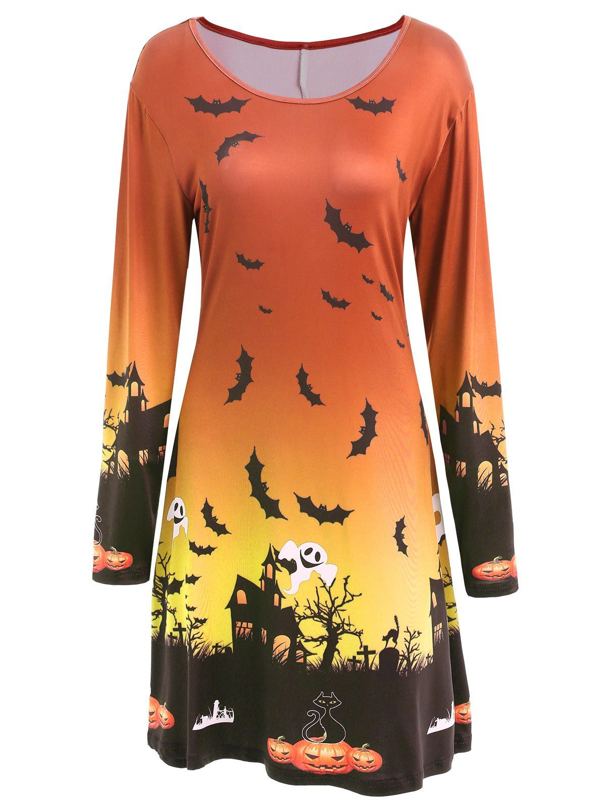 

Long Sleeve Bat Print Swing Halloween Skater Dress, Jacinth