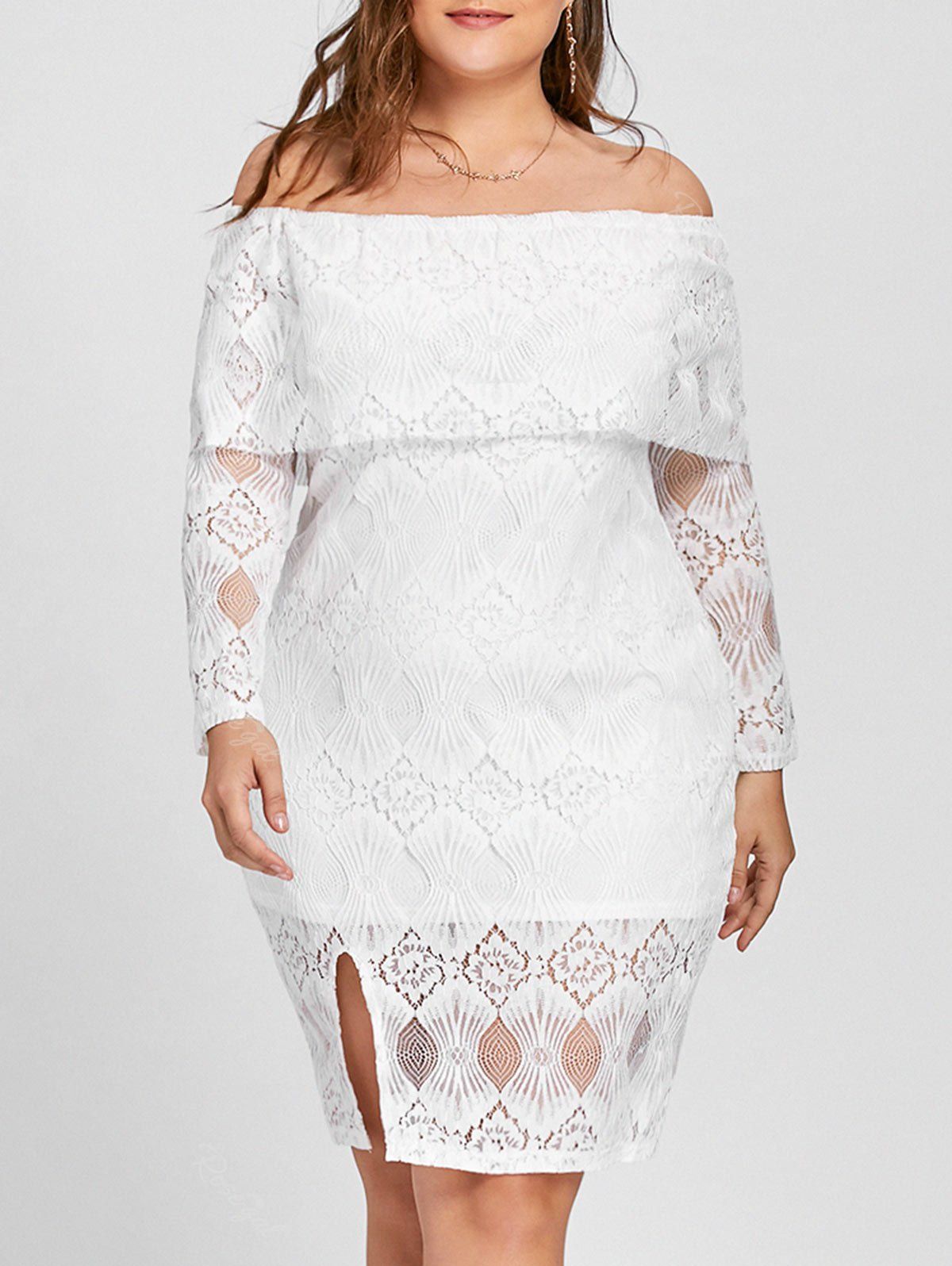 

Plus Size Lace Off The Shoulder Flounce Dress, White