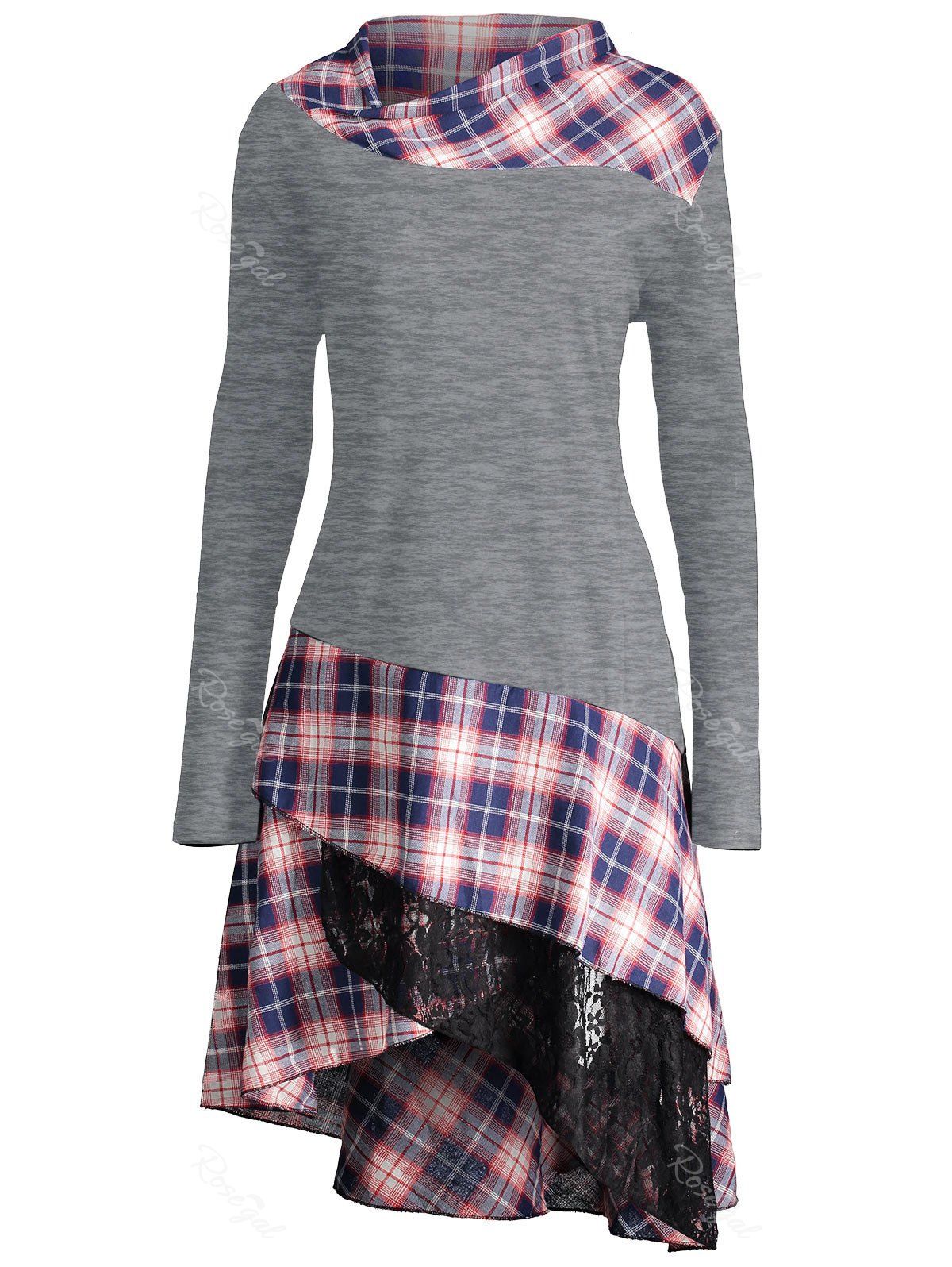 

Long Plus Size Lace Plaid Panel Top, Gray