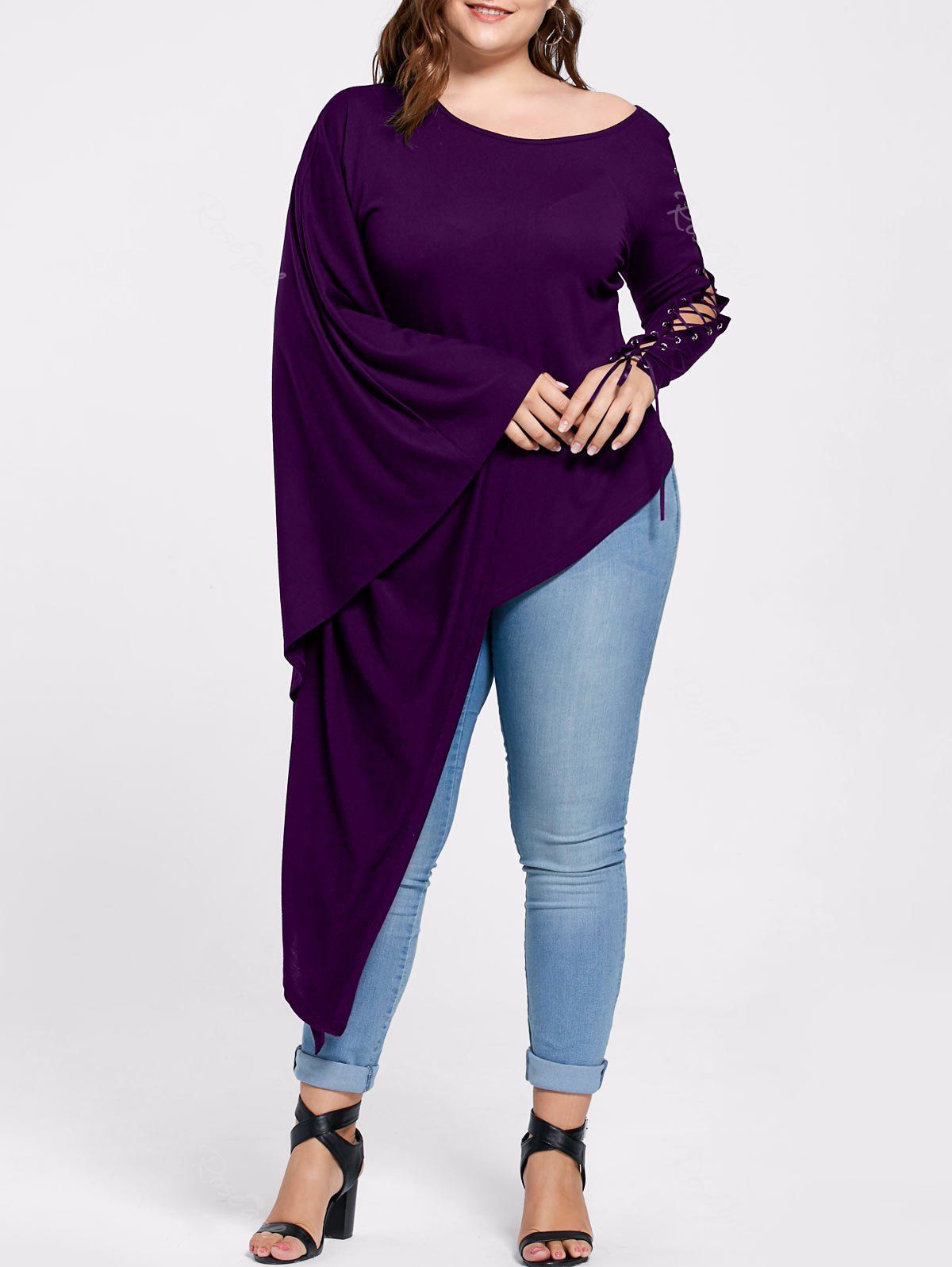 

Plus Size Lace Up Batwing Sleeve Asymmetric Top, Purple