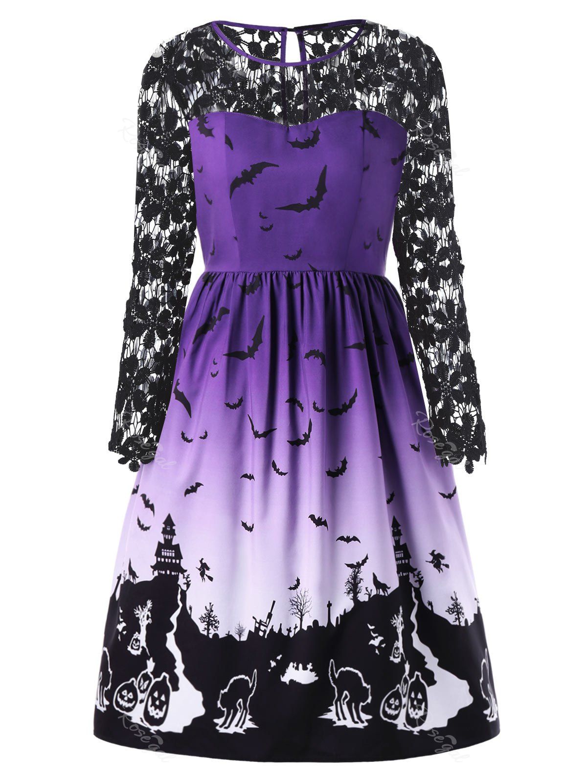 

Halloween Plus Size Bat Print Lace Insert Dress, Colormix