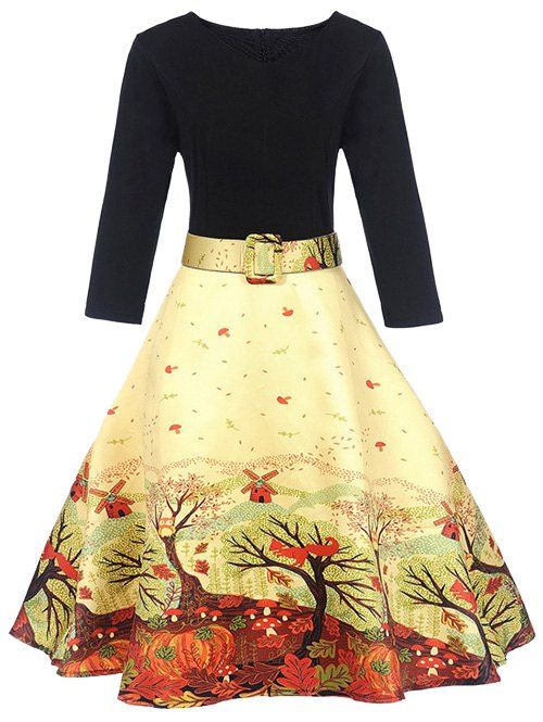 

A Line Vintage Printed Party Dress, Yellow