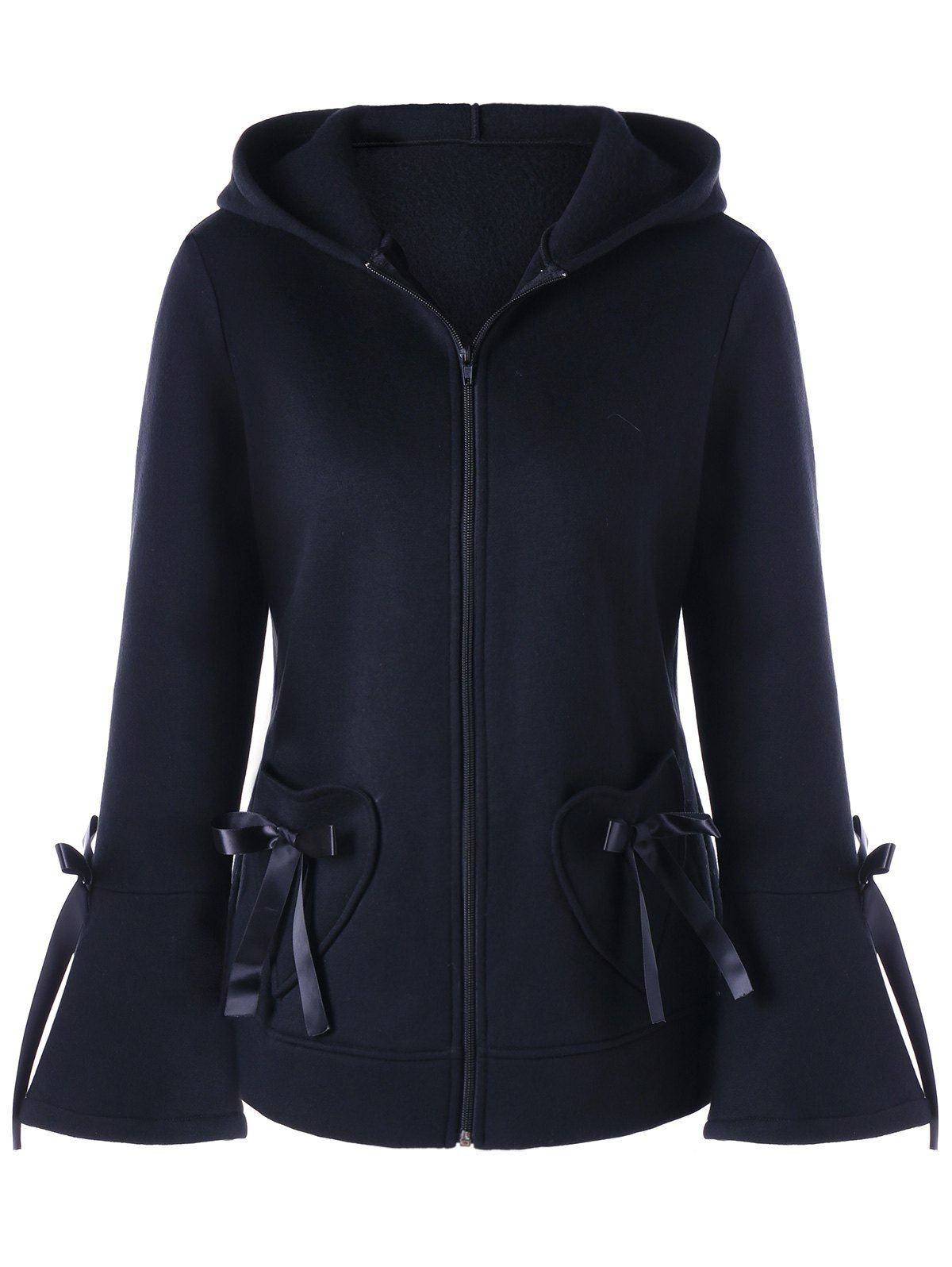 

Heart Pockets Lace-up Hooded Zip Up Jacket, Black