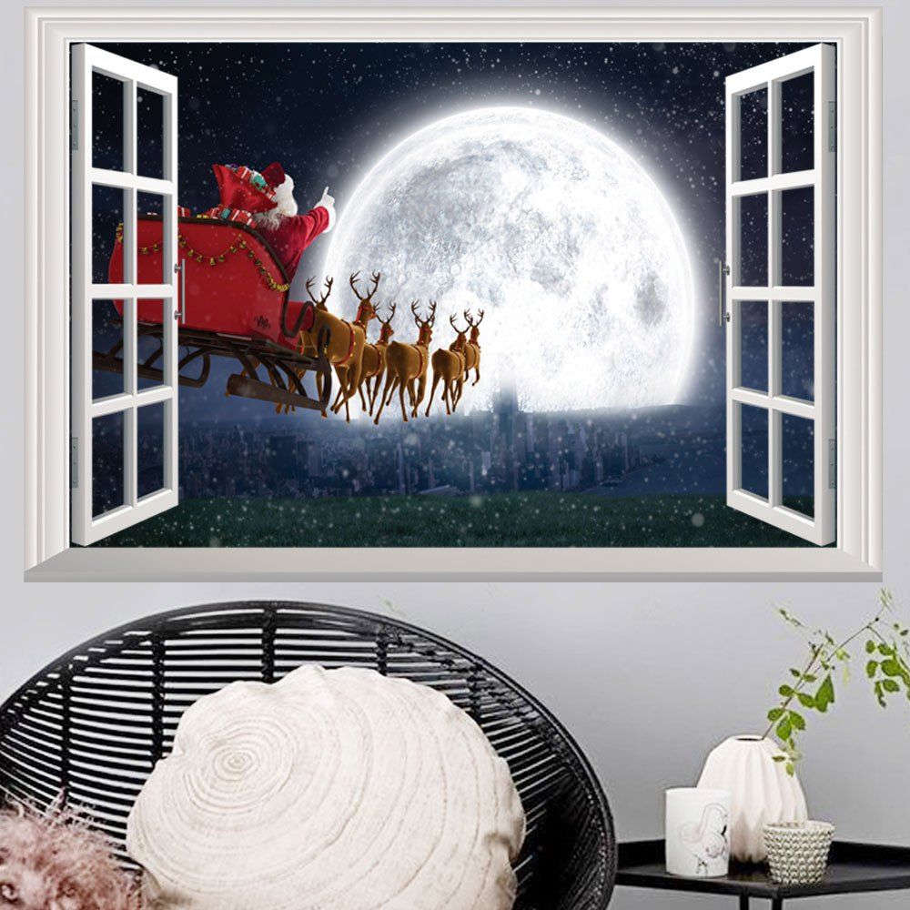3D Window Christmas Night Santa Sleigh Wall Art Sticker
