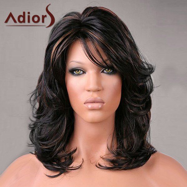 

Adiors Medium Inclined Bang Highlight Shaggy Slightly Curled Synthetic Wig, Colormix