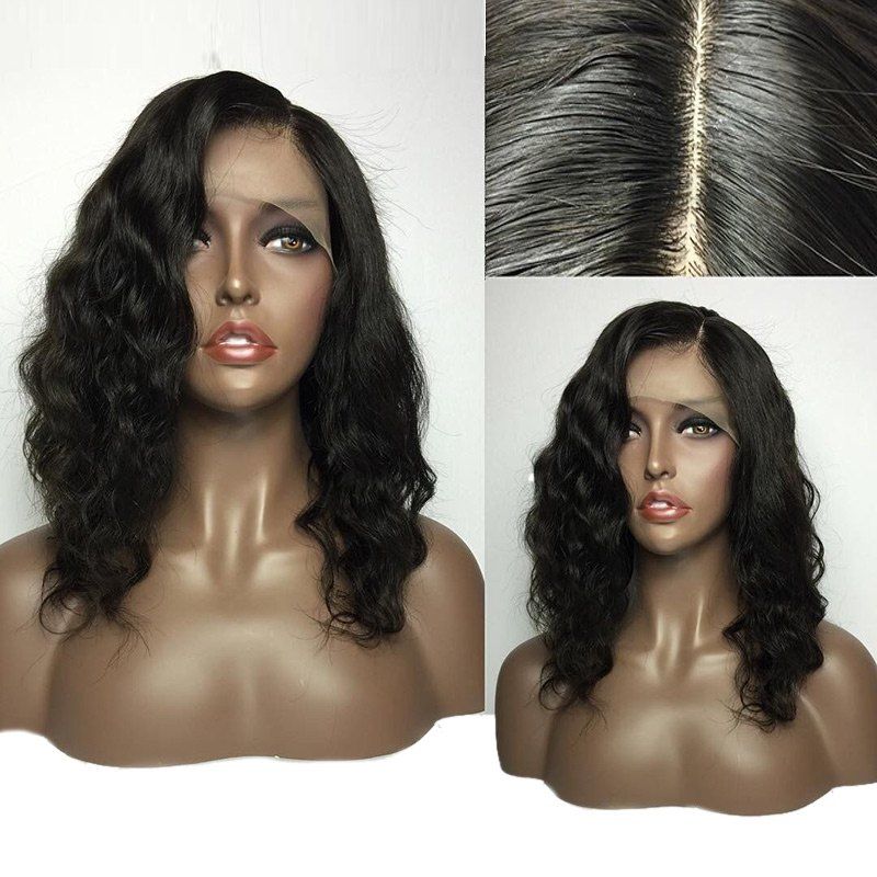 

Medium Deep Side Parting Fluffy Natural Wavy Lace Front Human Hair Wig, Natural black