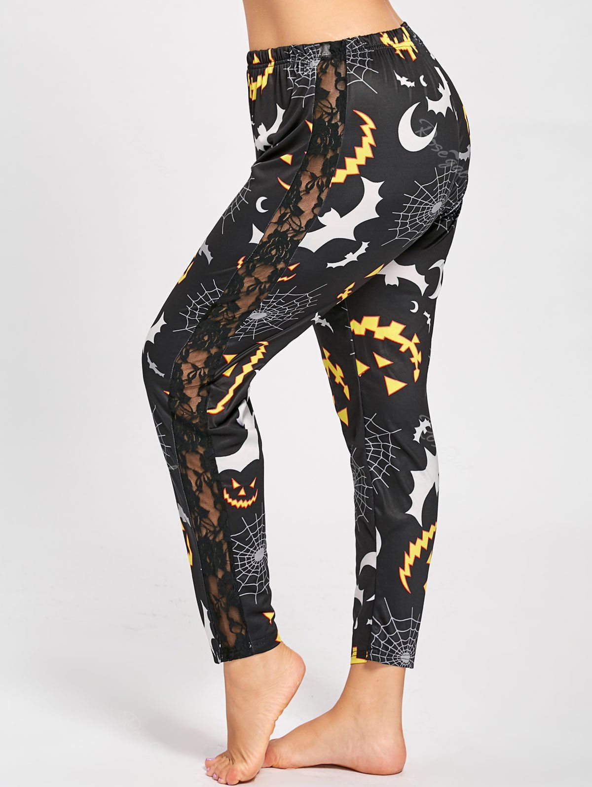 

Plus Size Lace Panel Printed Halloween Pumpkin Leggings, Black
