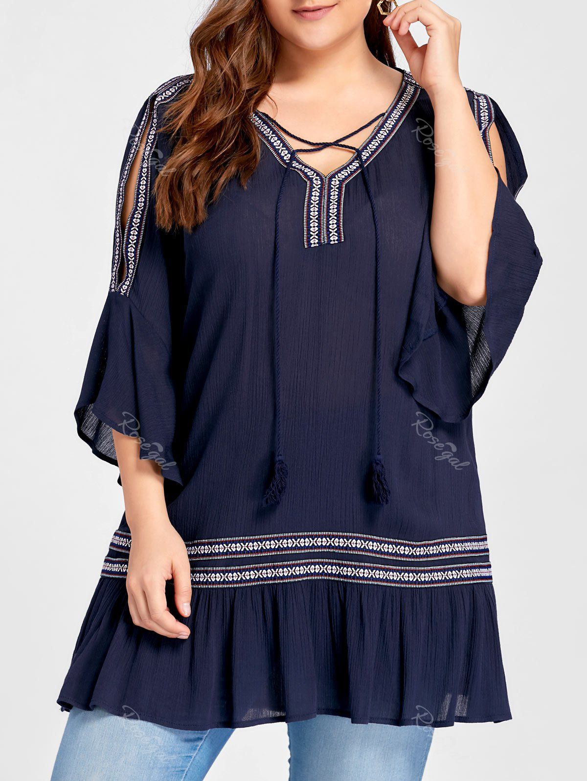 

Bohemian Plus Size Slit Sleeve Ruffle Blouse, Cadetblue