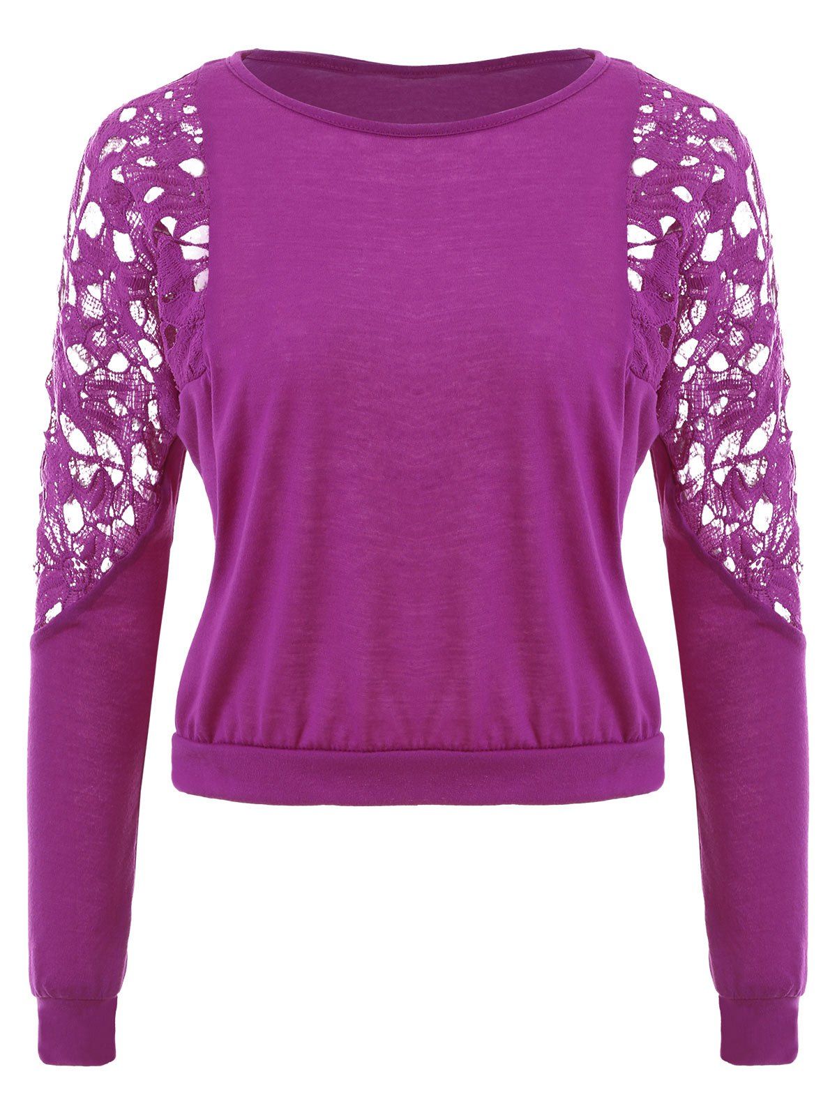 

Lace Insert Long Sleeve Cropped Sweatshirt, Purplish red