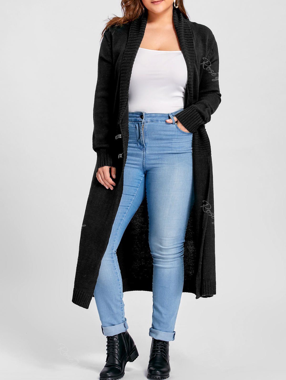 

Plus Size Shawl Collar Longline Knitted Cardigan, Black