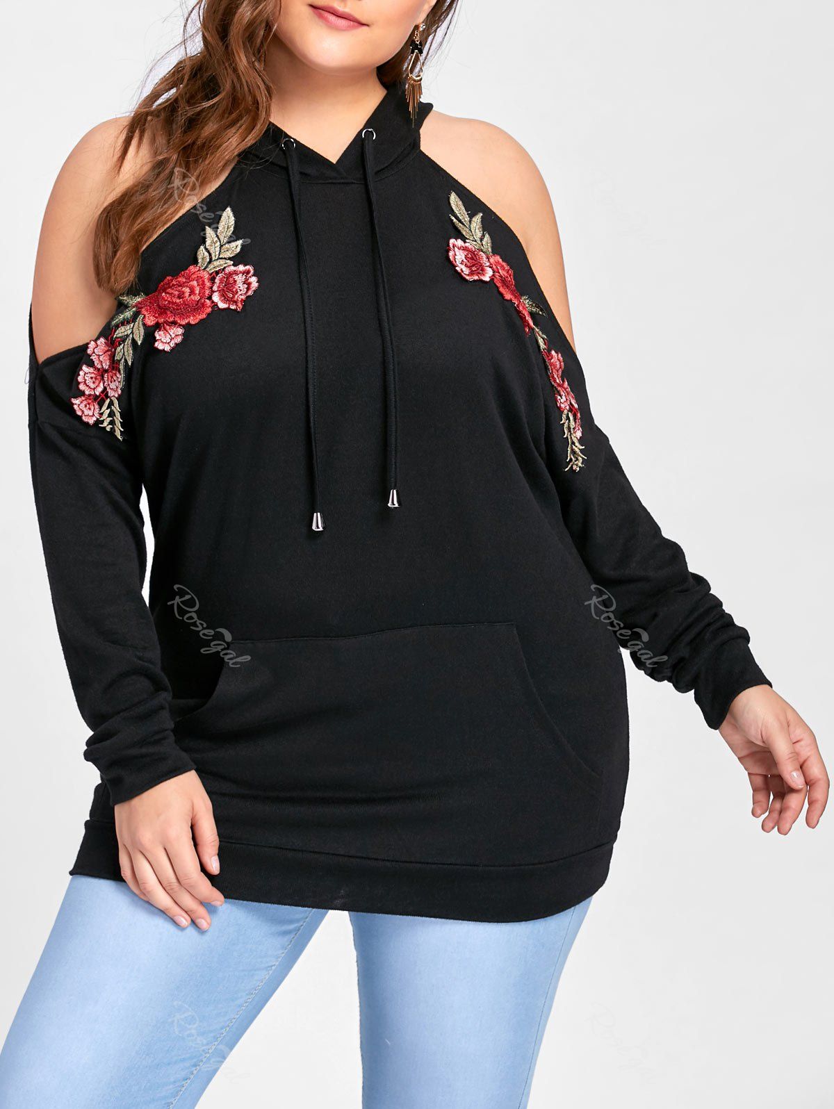 

Plus Size Embroidered Cold Shoulder Hoodie, Black