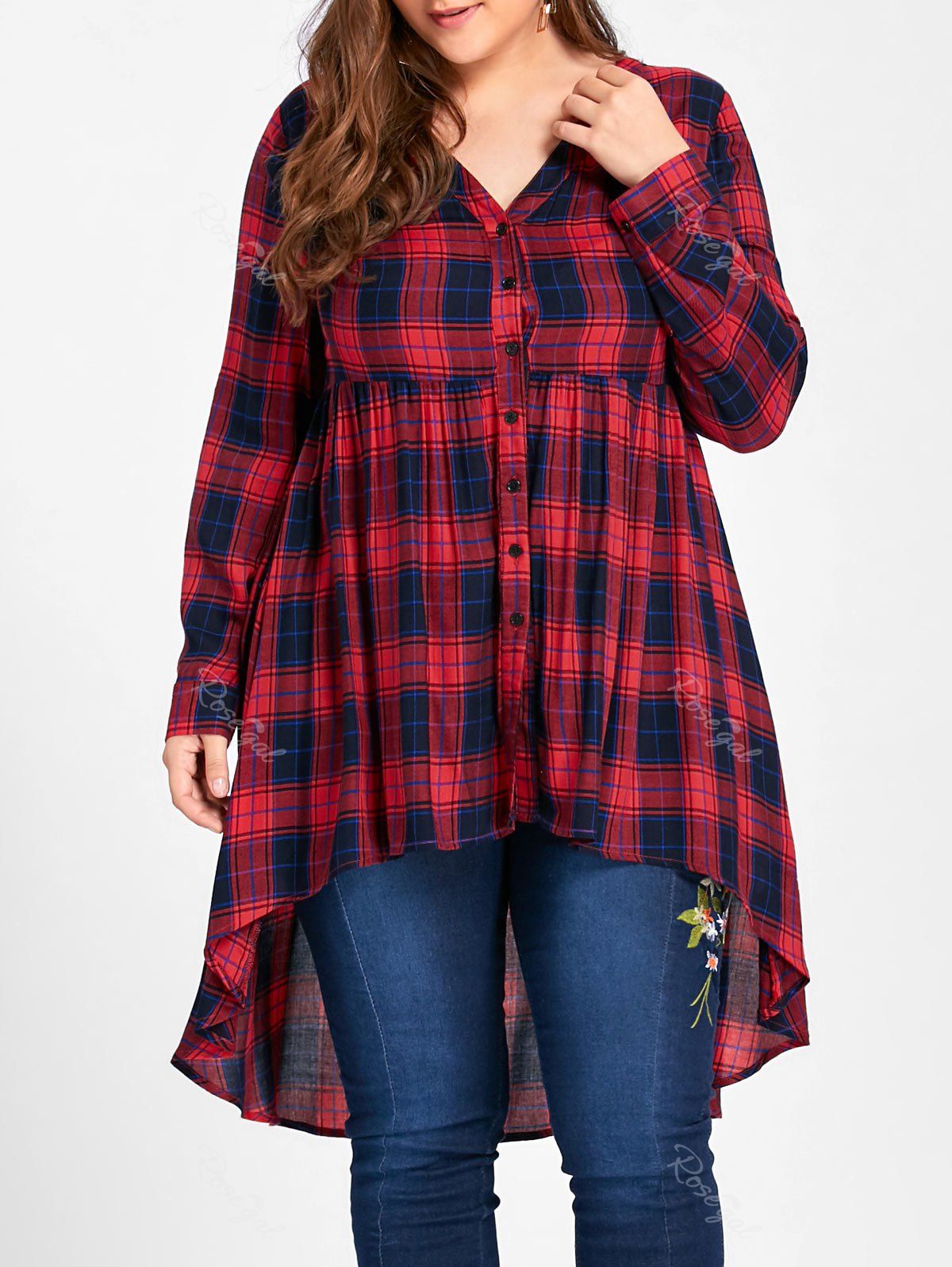 

Plus Size Checked V Neck Dip Hem Blouse, Red