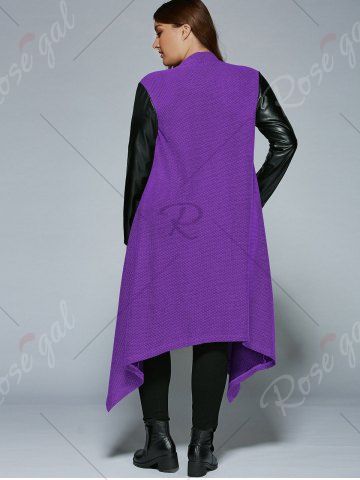 

Plus Size PU Leather Trim Longline Asymmetrical Coat, Purple