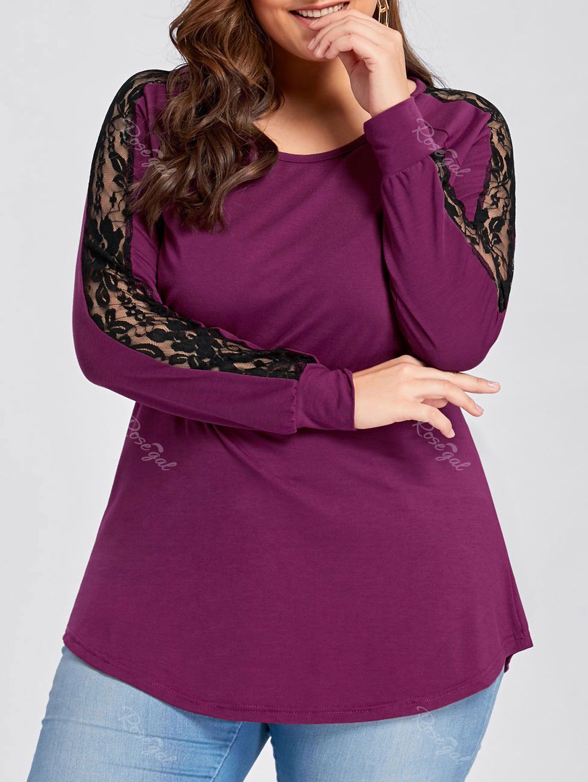 

Plus Size Raglan Sleeve Lace Panel Tee, Rose red