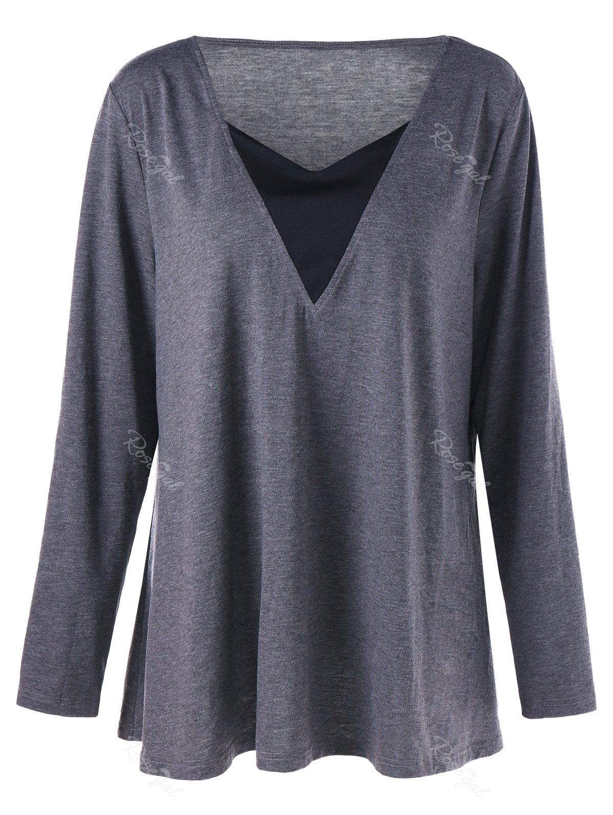 

V Neck Long Sleeve Plus Size Tunic T-shirt, Gray