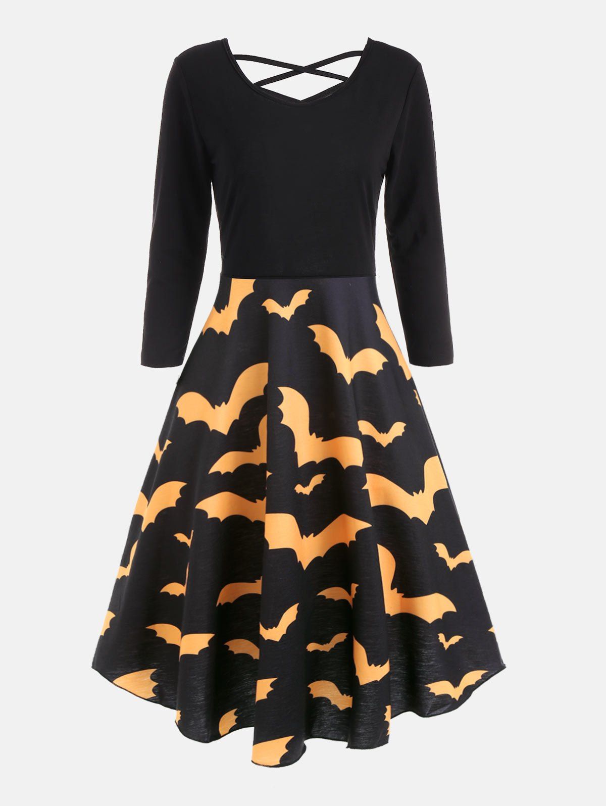 

Bat Print Cross Back Fit and Flare Dress, Yellow
