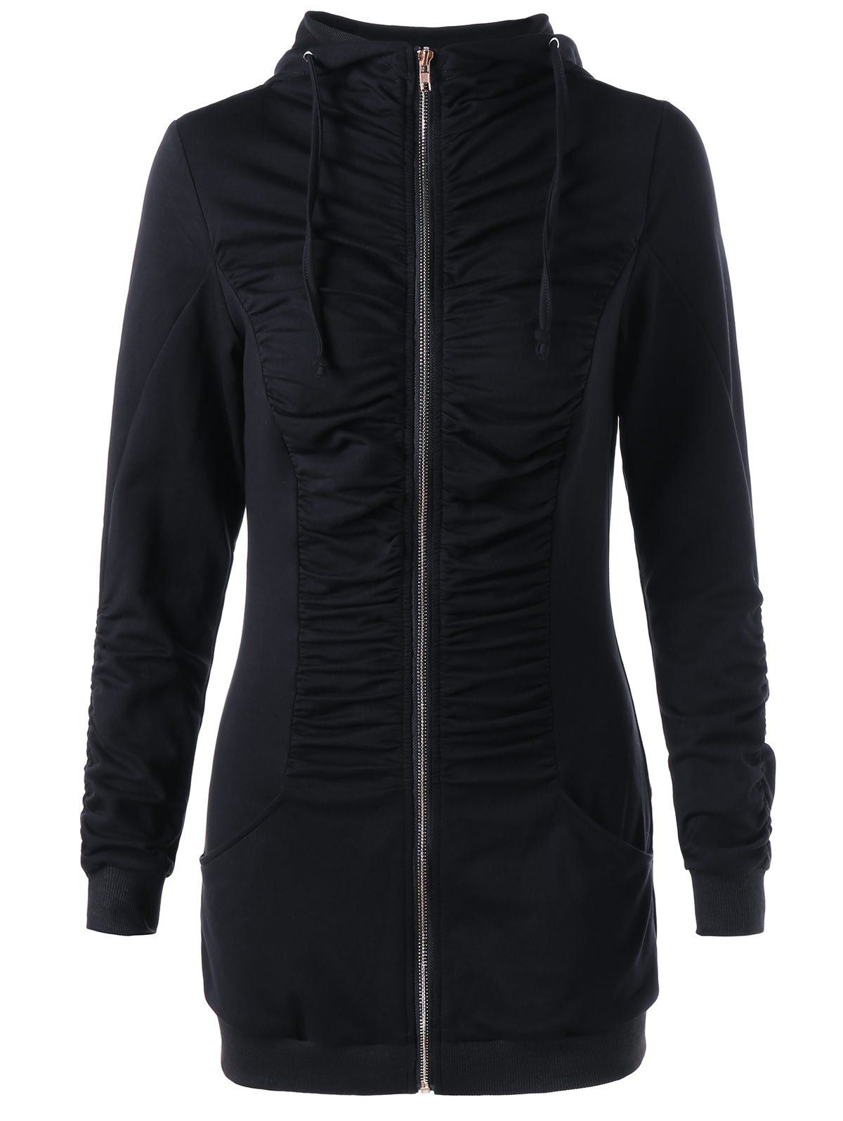 

Zip Up Ruched Tunic Hoodie, Black