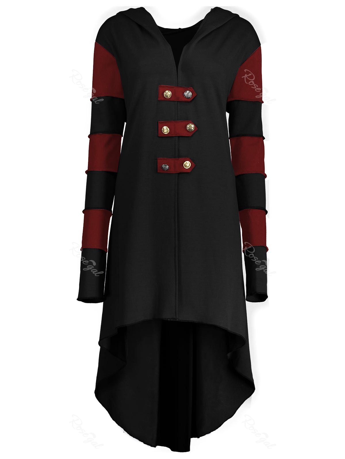 

Hooded Plus Size Lace-up High Low Coat, Black&red