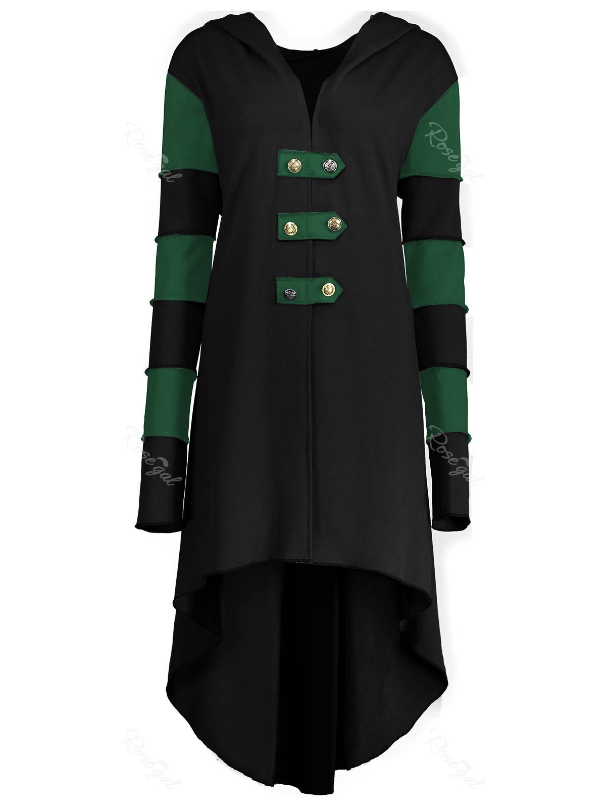 

Hooded Plus Size Lace-up High Low Coat, Black and green