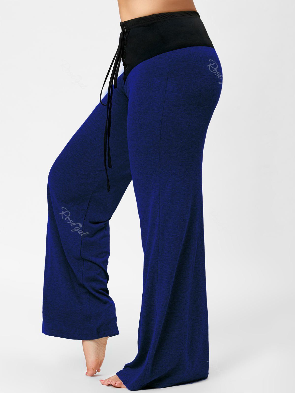 Pantalon Évasé à Deux Tons avec Lacets Grande Taille Bleu 3XL