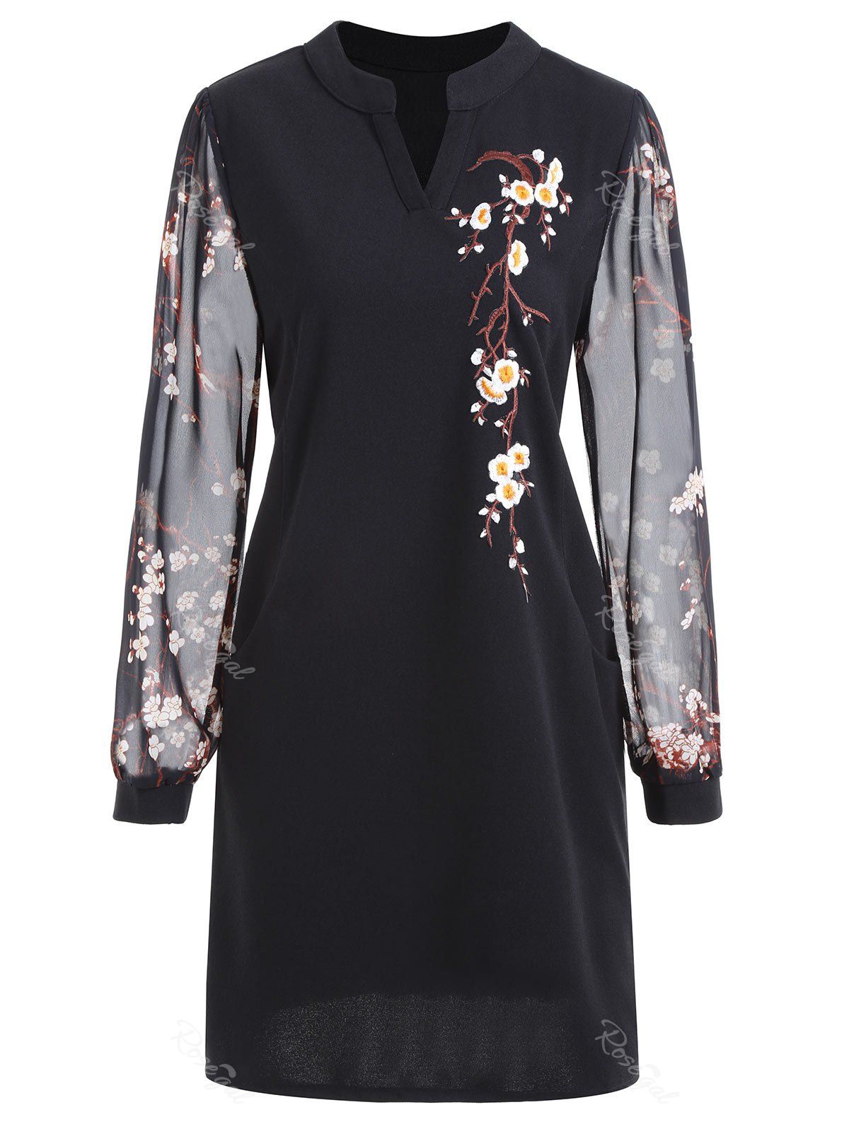 

Floral Embroidery Plus Size Mini Dress, Black