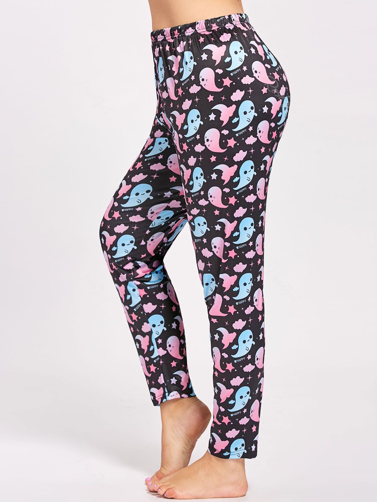 

Plus Size Cute Ghost Printed Halloween Pants, Black