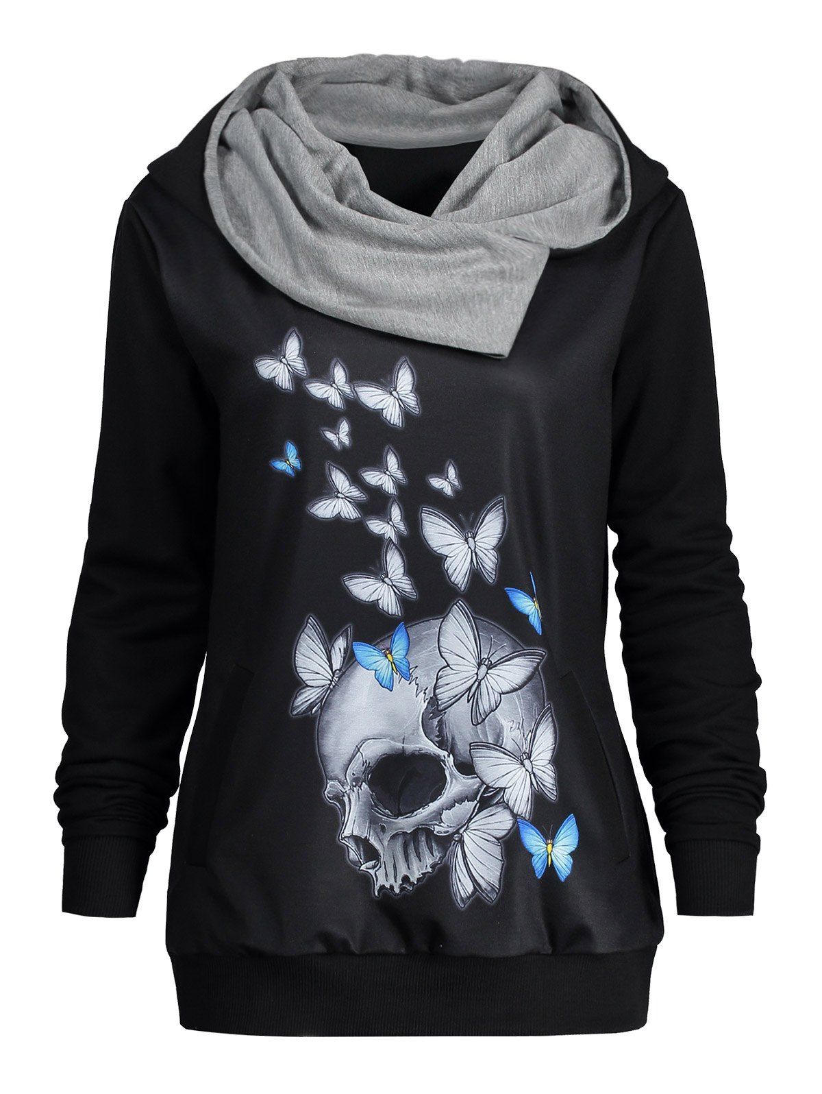 

Halloween Butterfly Skull Print Heaps Collar Hoodie, Black