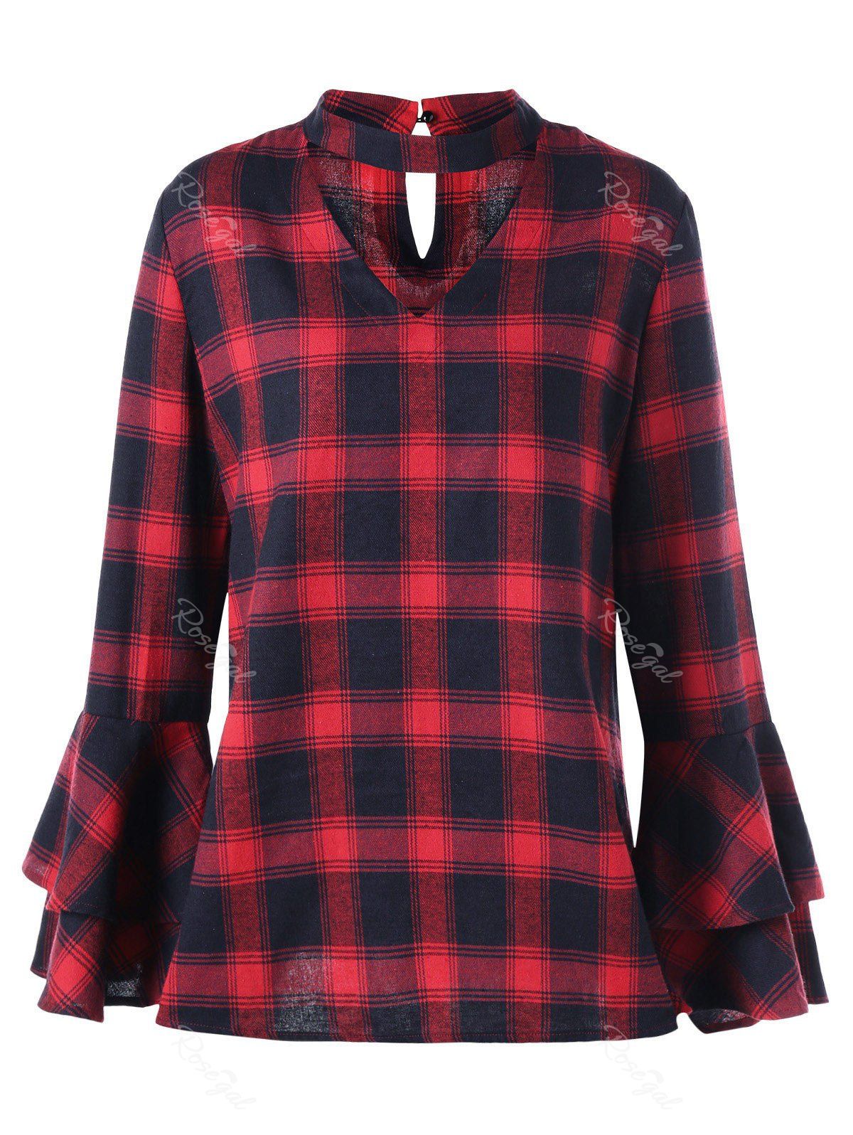 

Plus Size Plaid Bell Sleeve Choker Blouse, Red with black