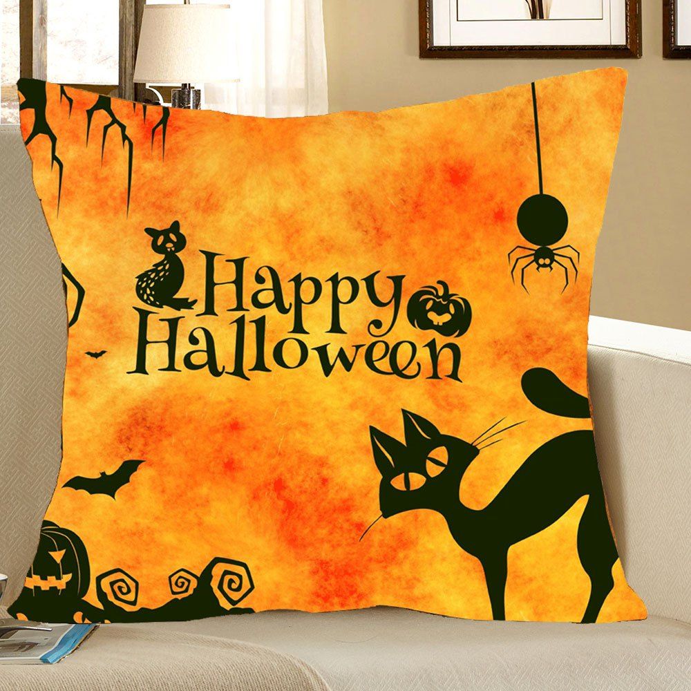 

Halloween Cat Pattern Square Pillow Case, Orange