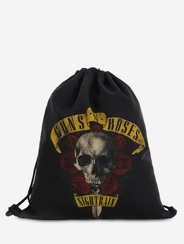 

Drawstring Roses Skull Backpack, Black