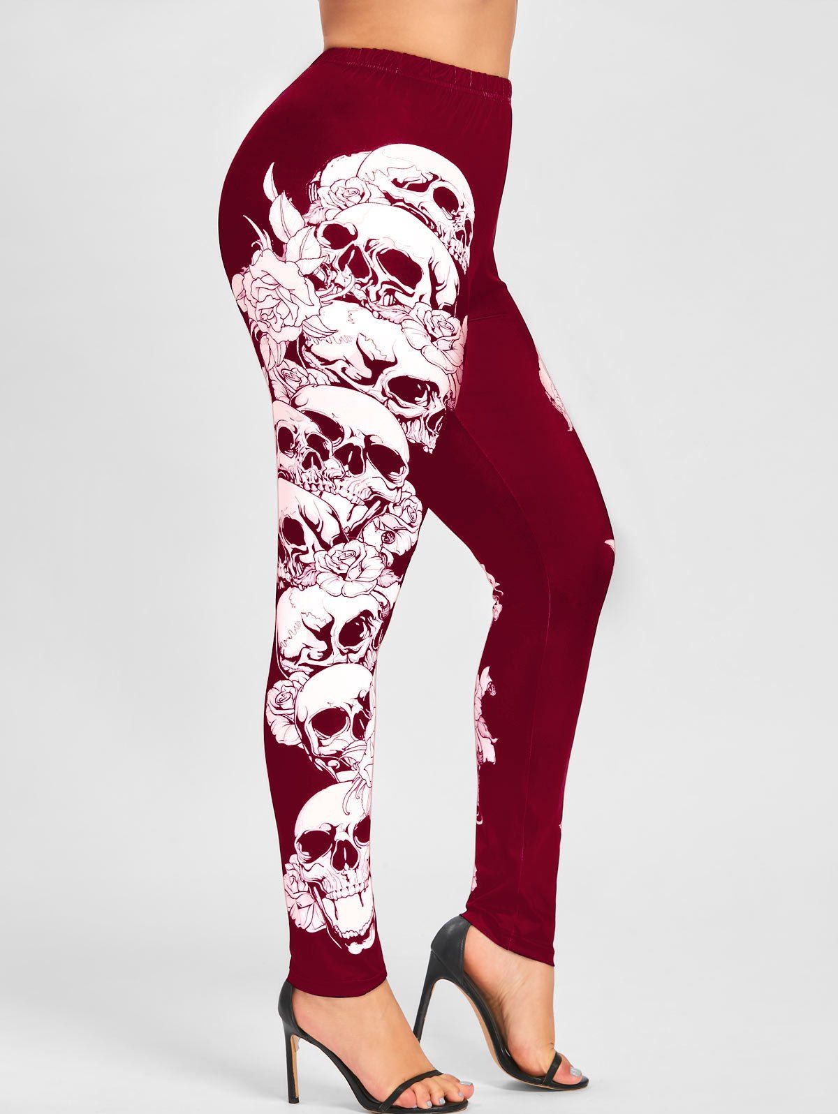 

Halloween Plus Size Skulls Monochrome Leggings, Red