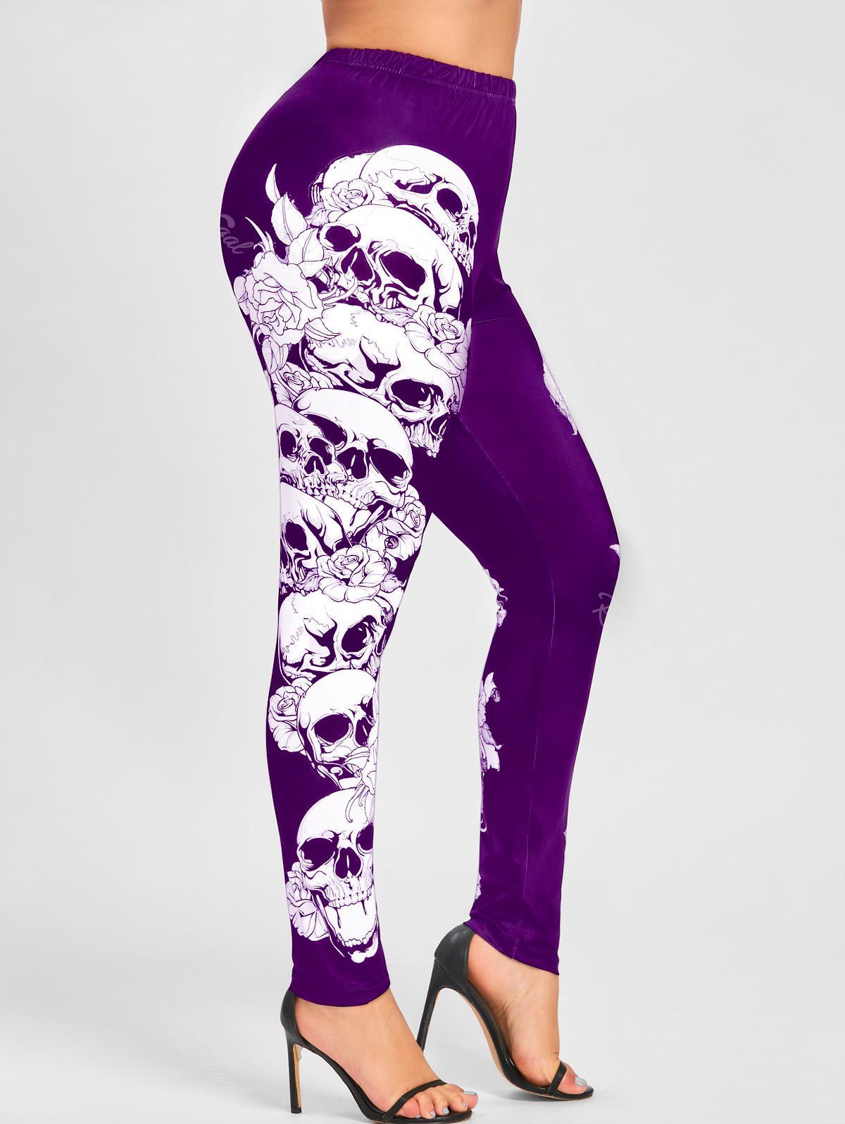 

Halloween Plus Size Skulls Monochrome Leggings, Purple