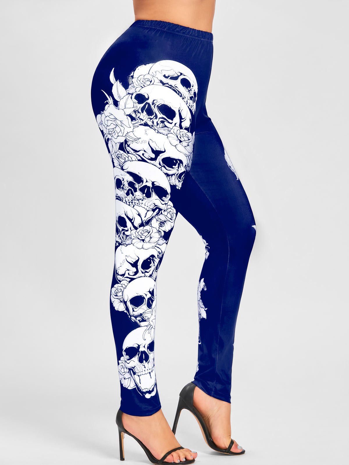 

Halloween Plus Size Skulls Monochrome Leggings, Blue