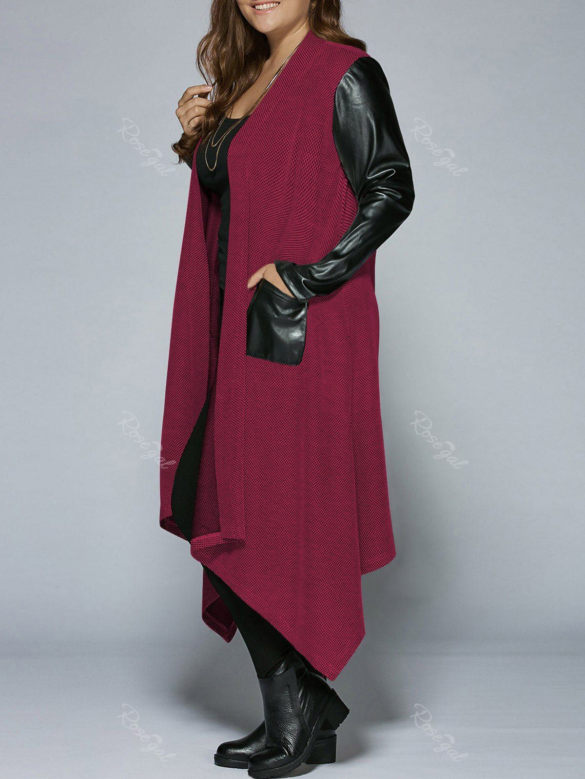

Plus Size PU Leather Trim Longline Asymmetrical Coat, Red