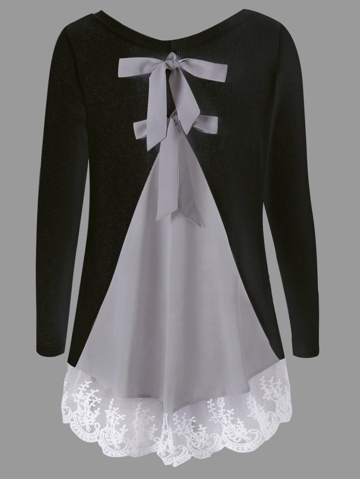 

Long Sleeve Back Bowknot Lace Panel Knit Top, Black