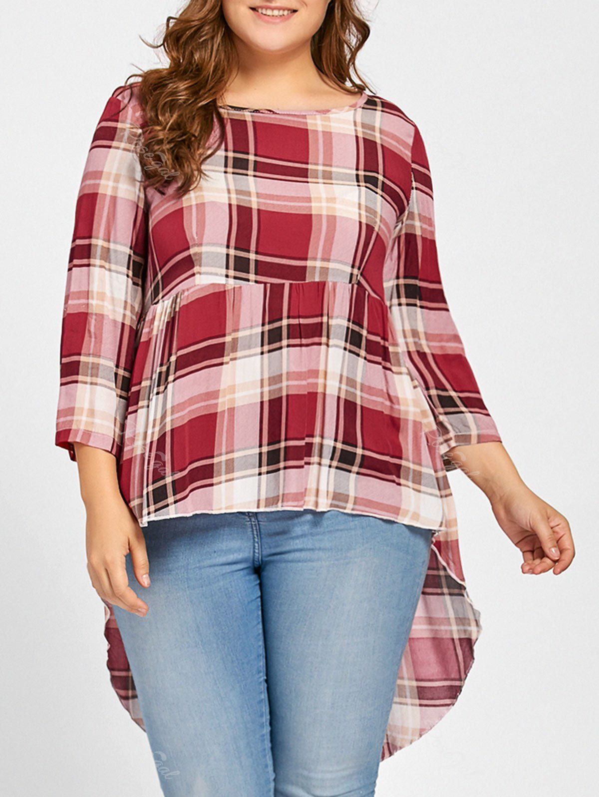 

Plus Size High Low Plaid T-shirt, Red