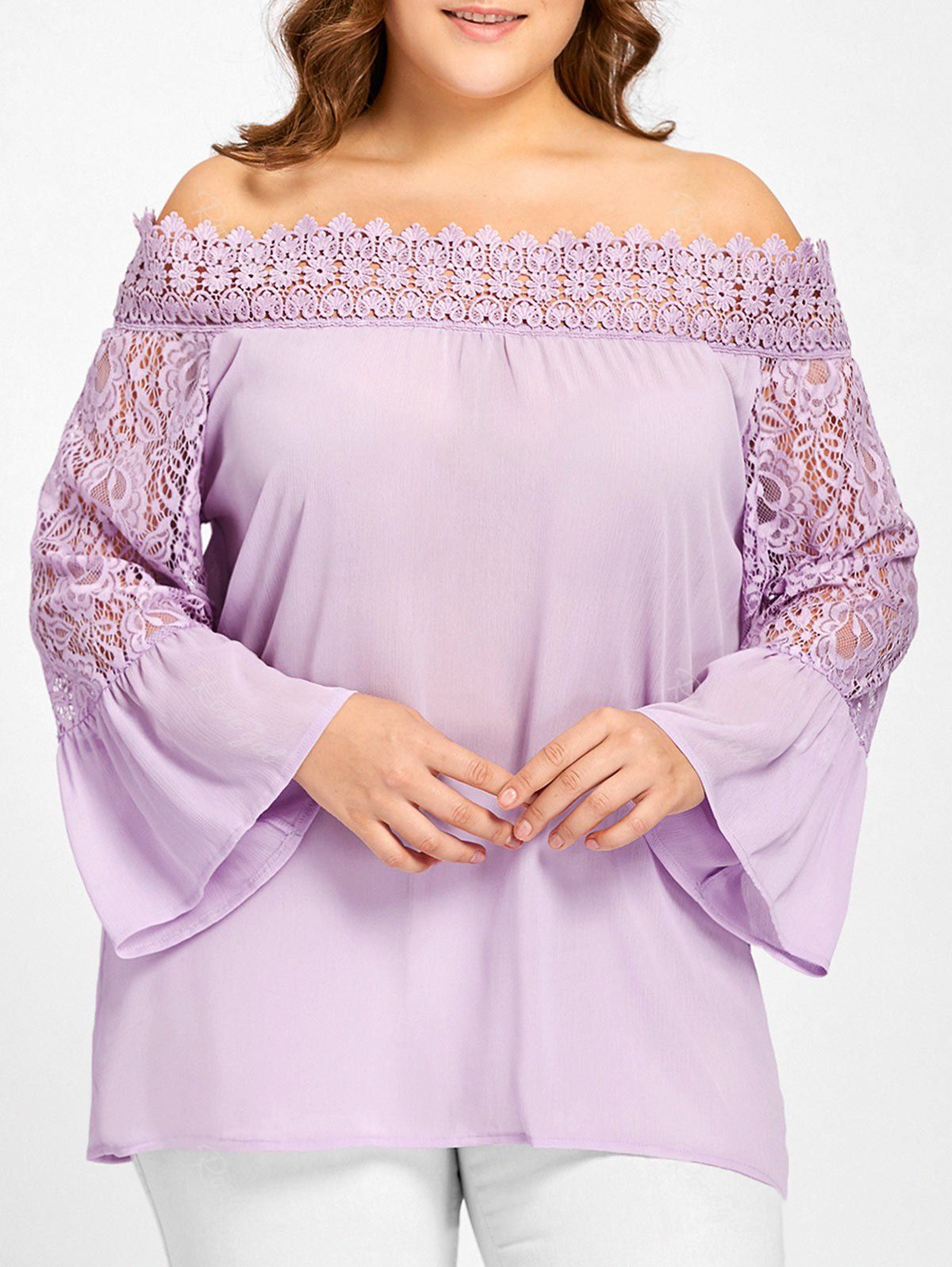 

Plus Size Lace Panel Off The Shoulder Blouse, Light purple