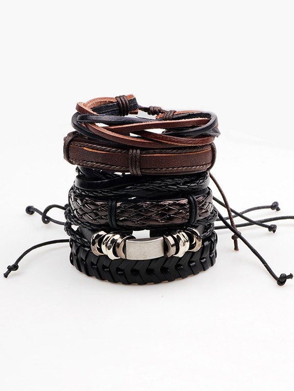 

Retro Faux Leather Woven Layered Bracelets Set, Brown