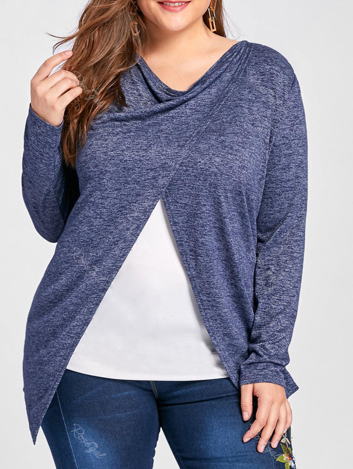 

Plus Size Front Split Cowl Neck Top, Blue