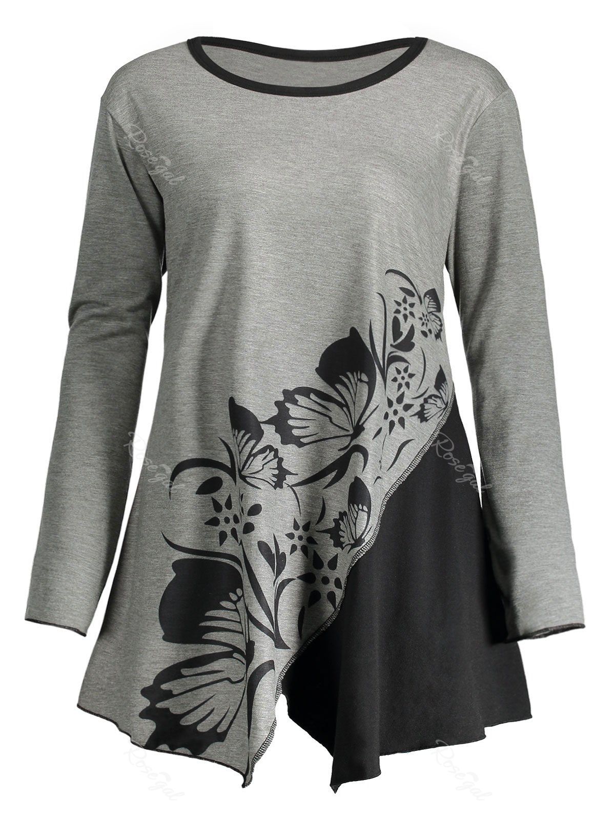 

Butterfly Play Flower Plus Size Split T-shirt, Gray