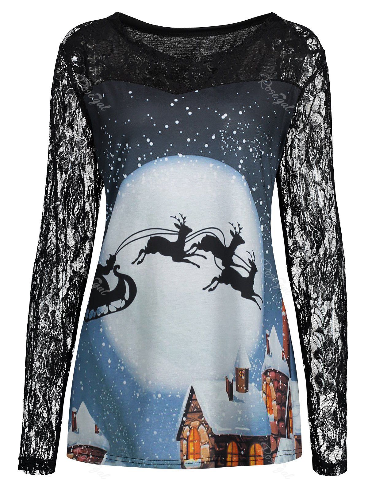 

Plus Size Lace Panel Christmas Santa Moon T-shirt, Black