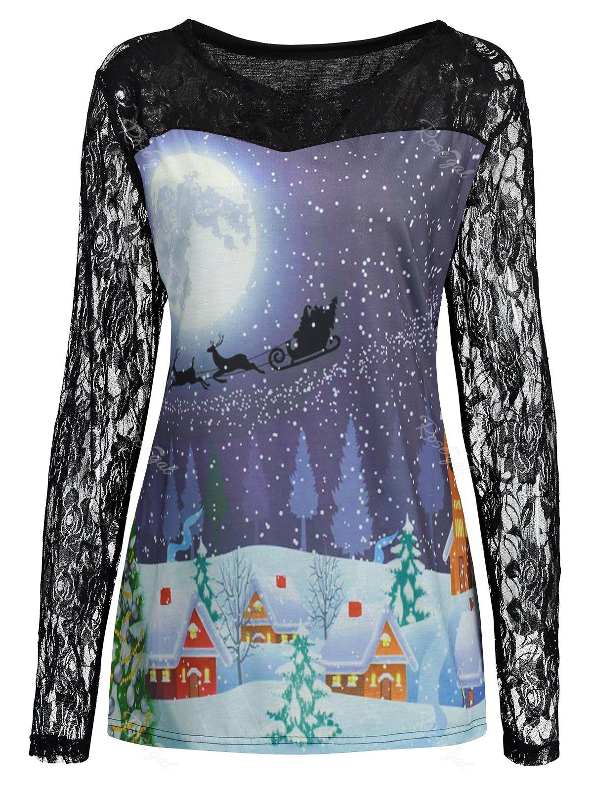 

Plus Size Christmas Tree Sled Floral Lace T-shirt, Black