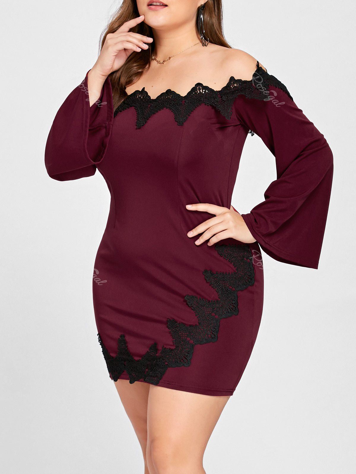 

Plus Size Off The Shoulder Mini Bodycon Dress, Wine red