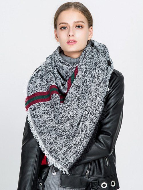 

Stripe Panel Blanket Scarf with Fringed, Black