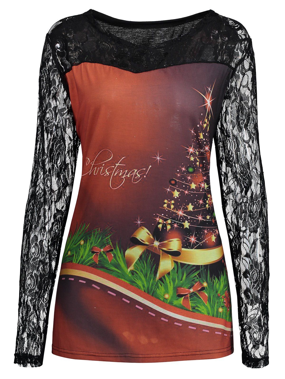 

Lace Yoke Christmas Tree Print Plus Size T-shirt, Black